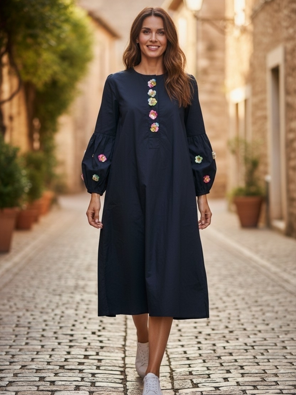 Vilagallo Navy Floral Appliqué Midi Shift Dress Size 38 Bell Sleeve Cotton